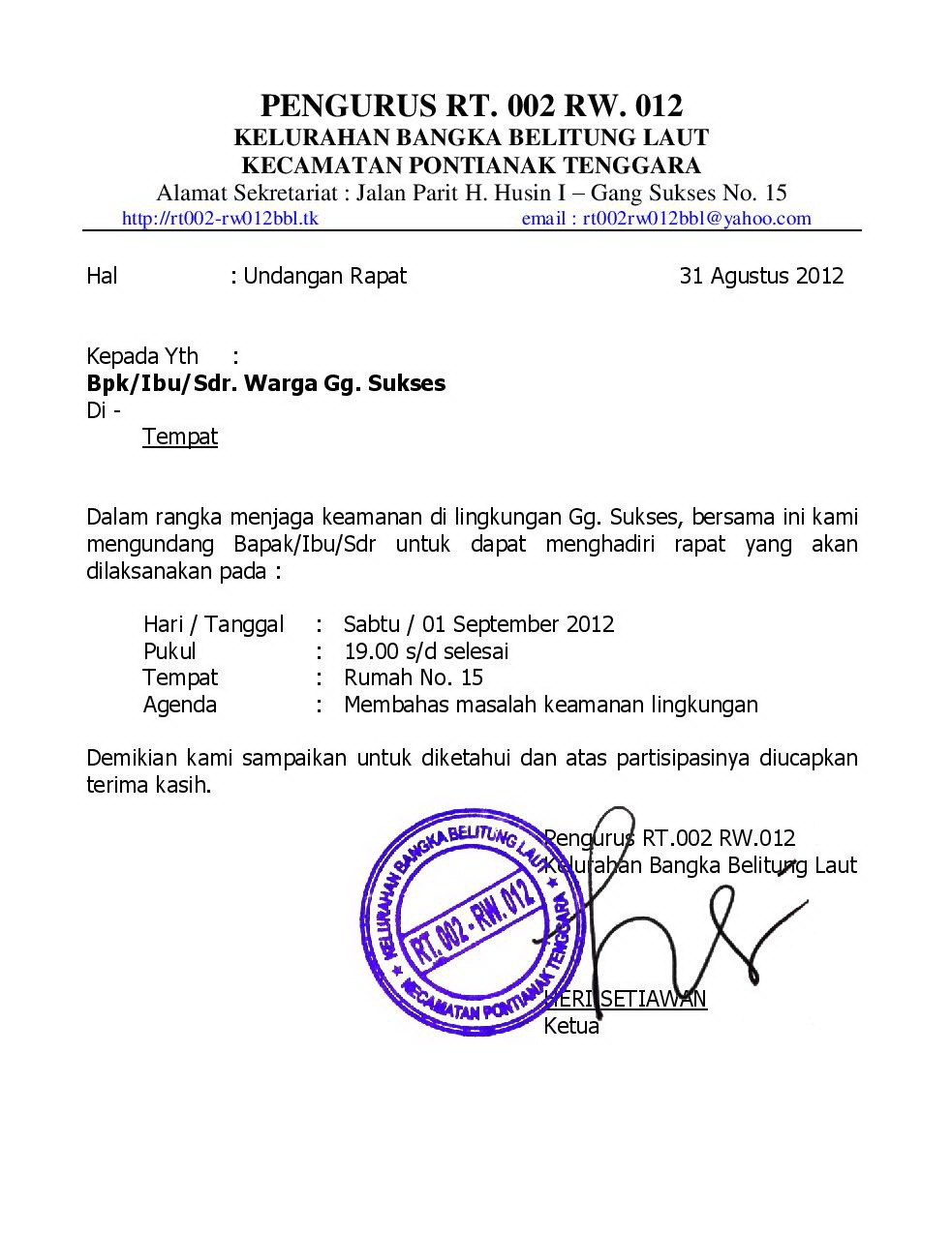 Undangan rapat kamling  RT. 002 RW. 012 KELURAHAN BANGKA 